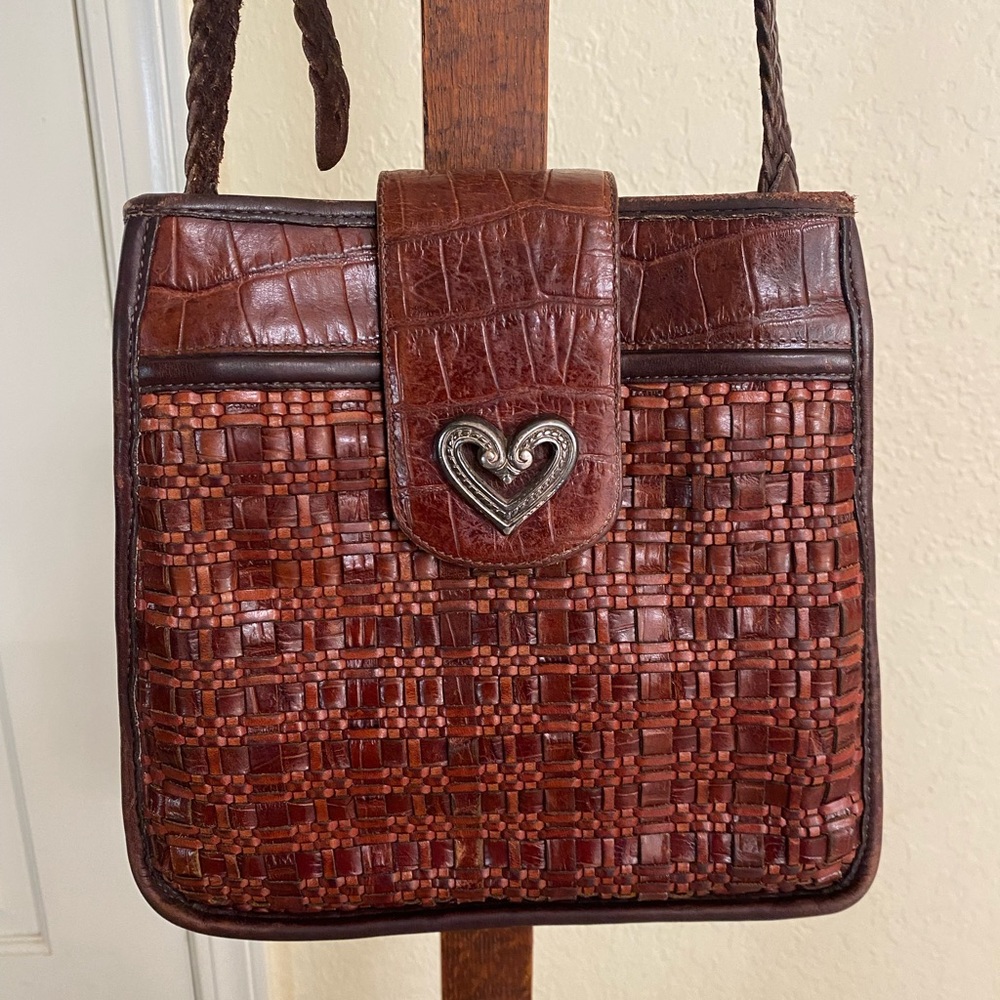 Brighton Woven Crossbody Purse Brown Leather Heart Accent